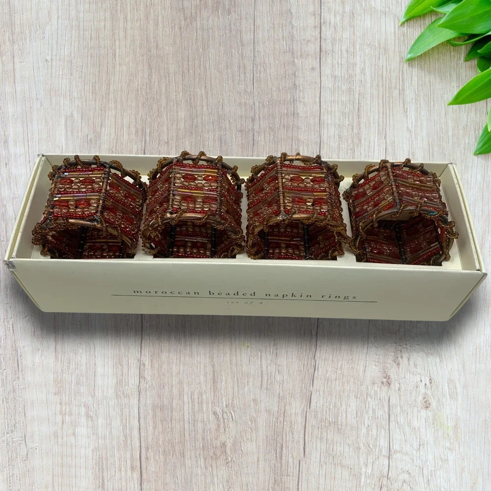 NEW Lot 4 x Pier 1 Moroccan Beaded Napkin Rings Copper Earth Tones Boho Boxed